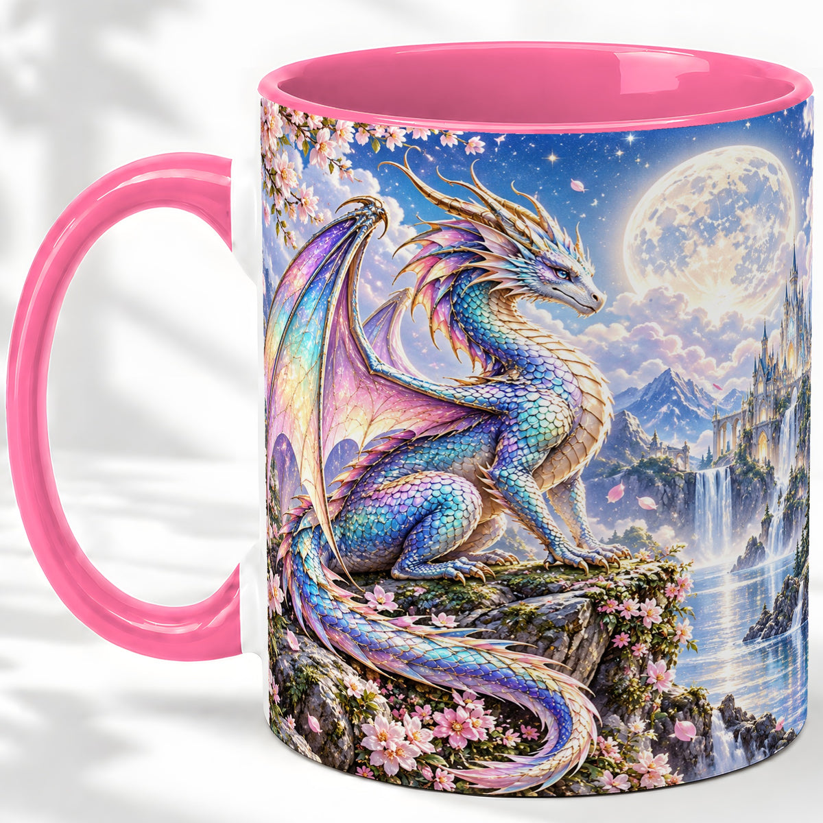 #pl[11oz|Pink] Fantasy Dragon Ceramic Mug, Moon Castle Artwork for Dragon Fans