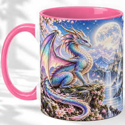 #pl[11oz|Pink] Fantasy Dragon Ceramic Mug, Moon Castle Artwork for Dragon Fans