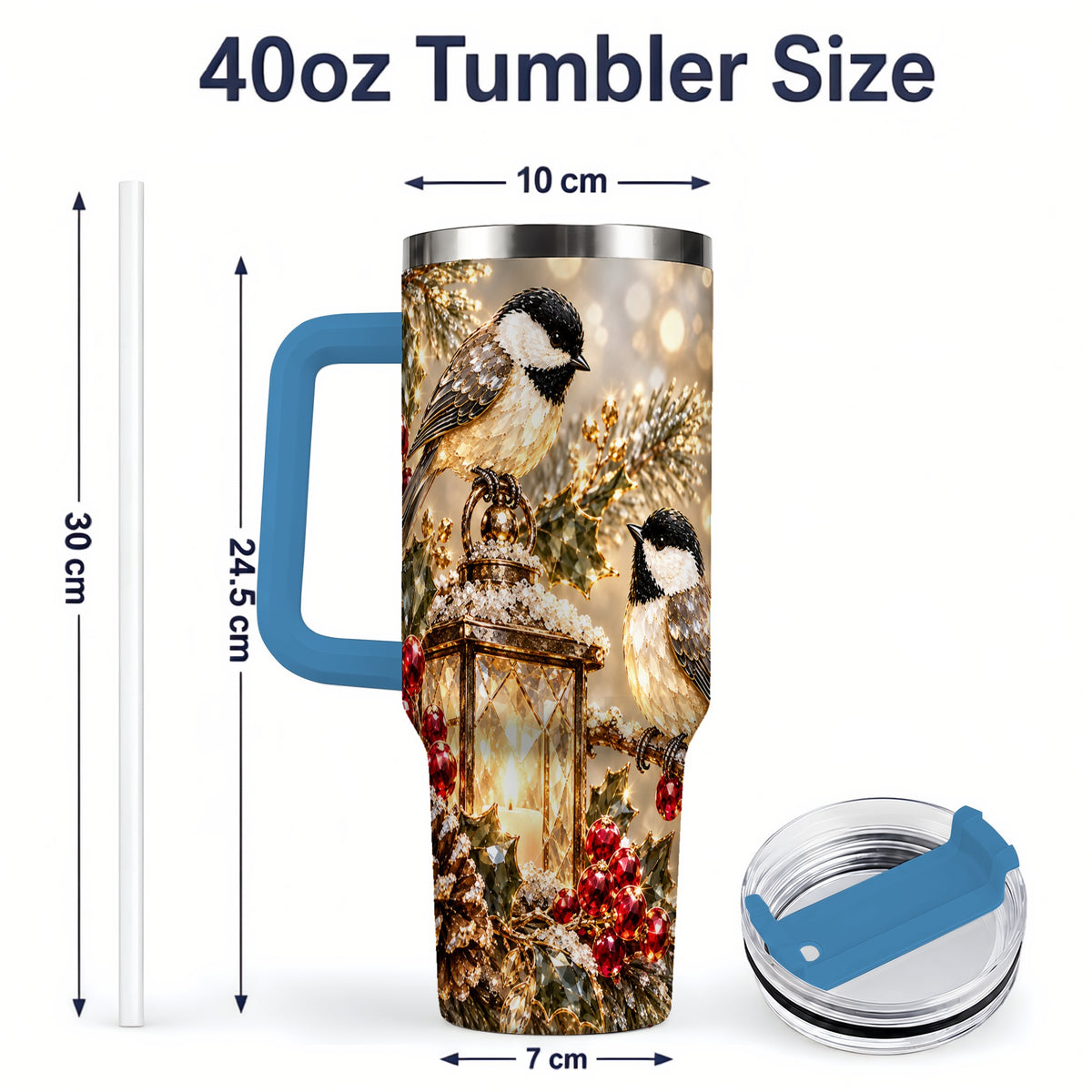 #pl[40oz|Blue] Winter Chickadee 40oz Tumbler, Lantern and Red Berry Bird Artwork