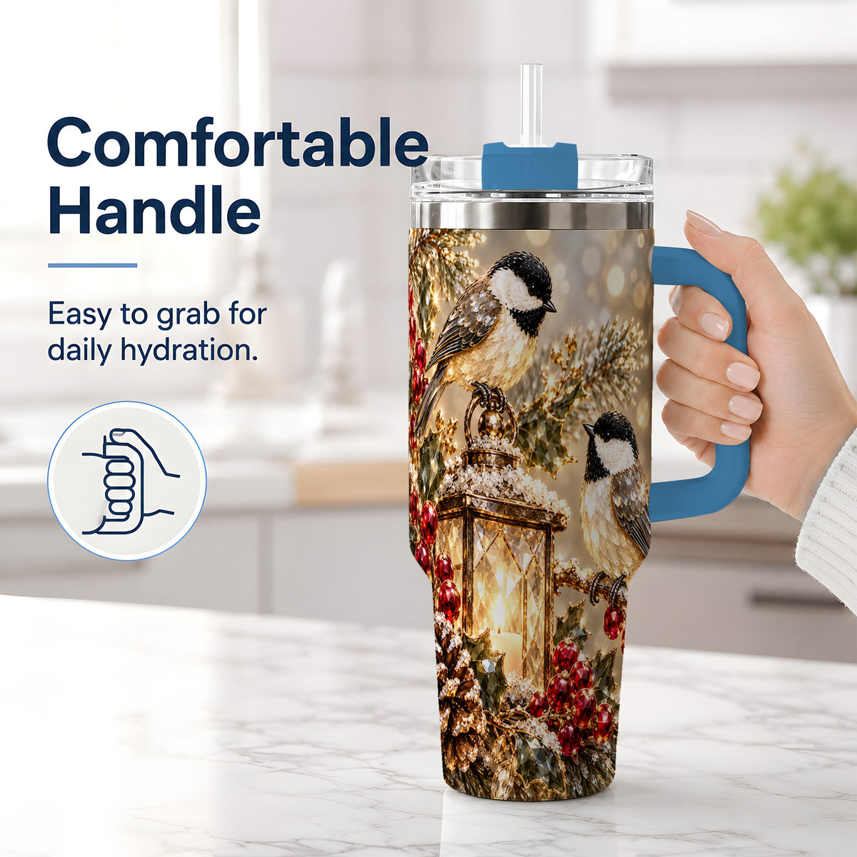 #pl[40oz|Blue] Winter Chickadee 40oz Tumbler, Lantern and Red Berry Bird Artwork