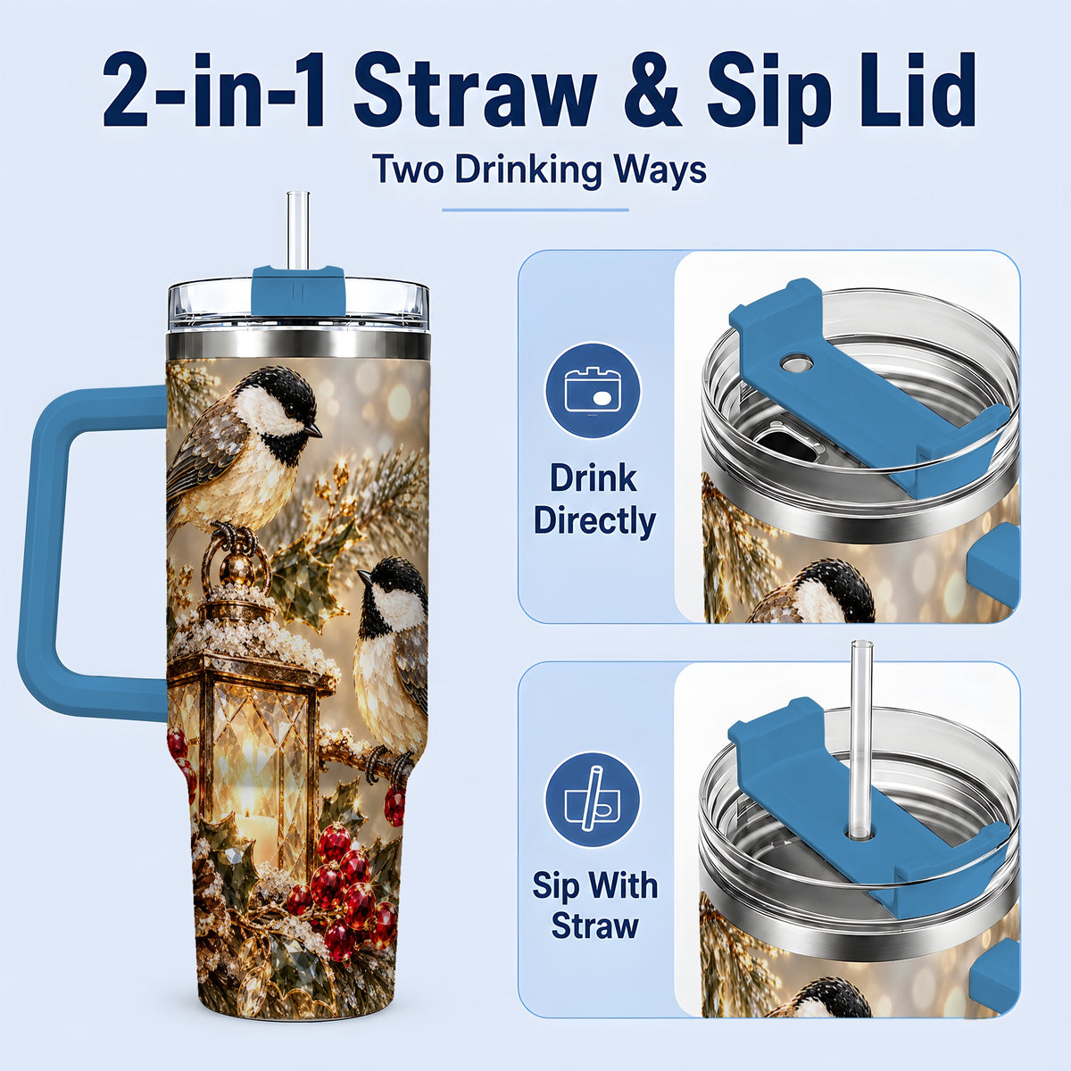 #pl[40oz|Blue] Winter Chickadee 40oz Tumbler, Lantern and Red Berry Bird Artwork