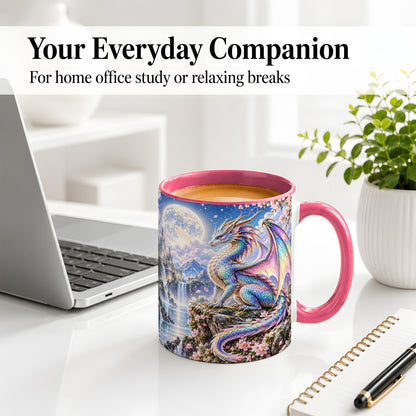 #pl[11oz|Pink] Fantasy Dragon Ceramic Mug, Moon Castle Artwork for Dragon Fans