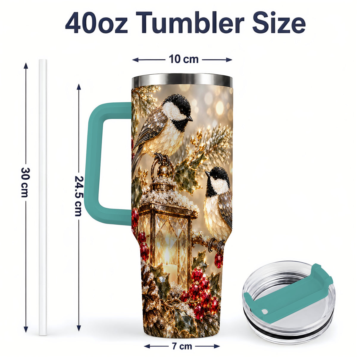 #pl[40oz|Green] Winter Chickadee 40oz Tumbler, Lantern and Red Berry Bird Artwork