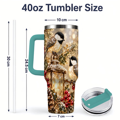 #pl[40oz|Green] Winter Chickadee 40oz Tumbler, Lantern and Red Berry Bird Artwork