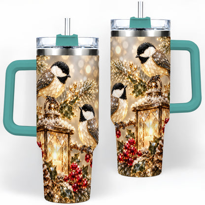 #pl[40oz|Green] Winter Chickadee 40oz Tumbler, Lantern and Red Berry Bird Artwork