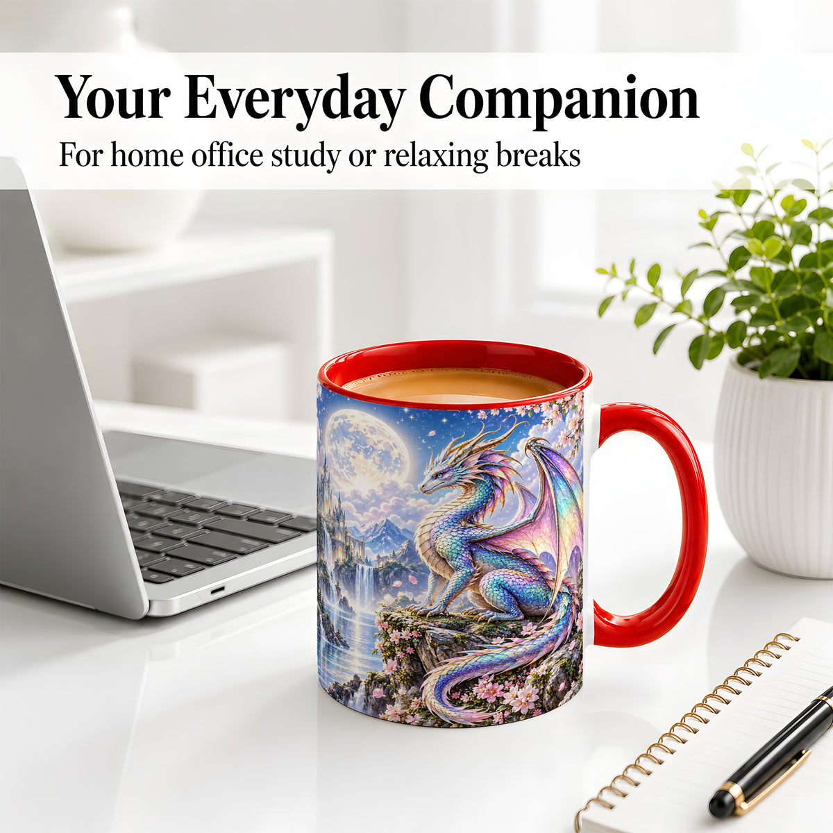 #pl[11oz|Red] Fantasy Dragon Ceramic Mug, Moon Castle Artwork for Dragon Fans