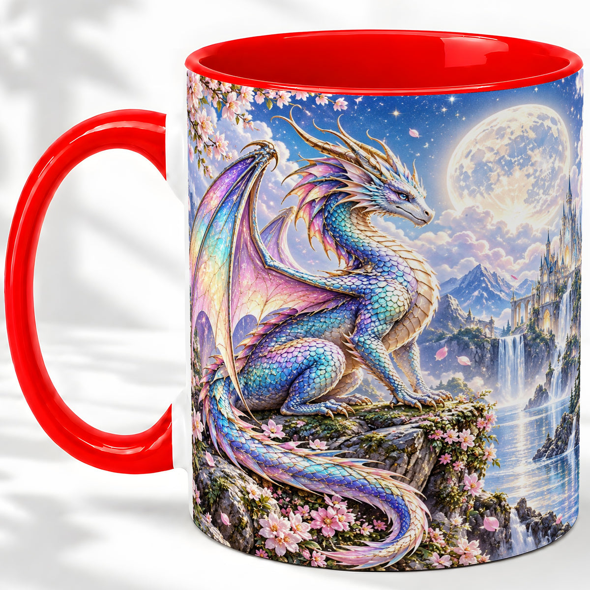 Fantasy Dragon Ceramic Mug, Moon Castle Artwork for Dragon Fans