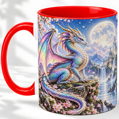 Fantasy Dragon Ceramic Mug, Moon Castle Artwork for Dragon Fans