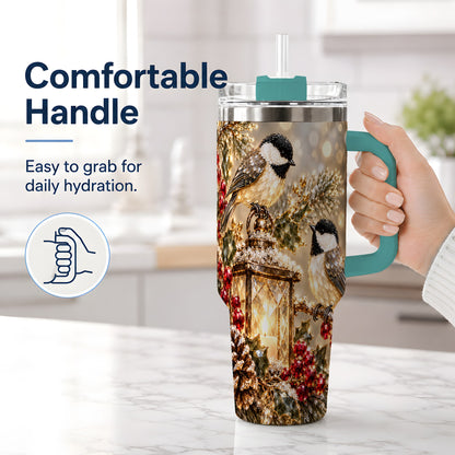#pl[40oz|Green] Winter Chickadee 40oz Tumbler, Lantern and Red Berry Bird Artwork