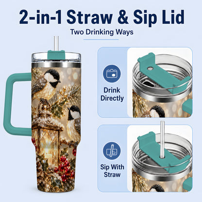 #pl[40oz|Green] Winter Chickadee 40oz Tumbler, Lantern and Red Berry Bird Artwork