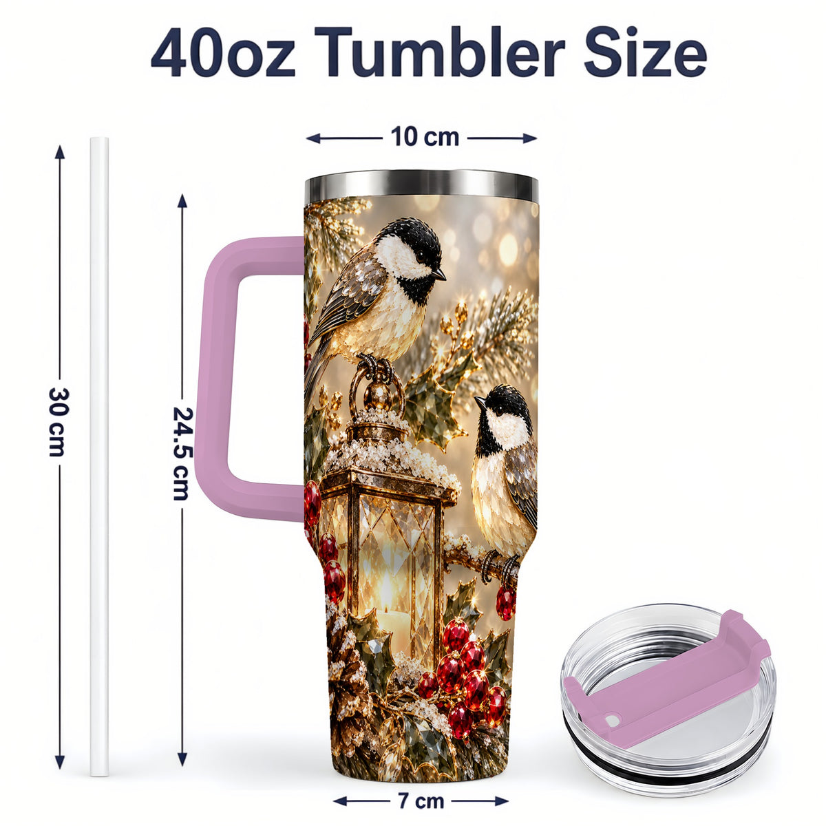 #pl[40oz|Pink] Winter Chickadee 40oz Tumbler, Lantern and Red Berry Bird Artwork
