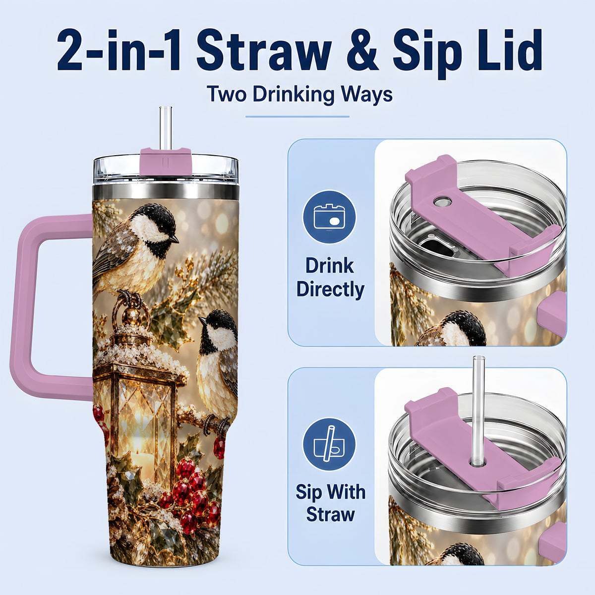 #pl[40oz|Pink] Winter Chickadee 40oz Tumbler, Lantern and Red Berry Bird Artwork