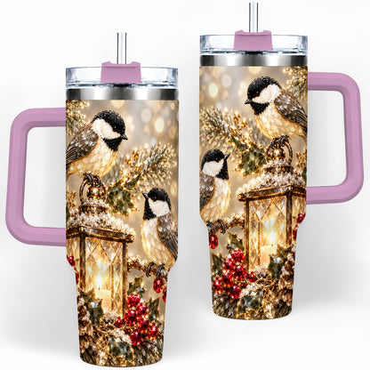 #pl[40oz|Pink] Winter Chickadee 40oz Tumbler, Lantern and Red Berry Bird Artwork