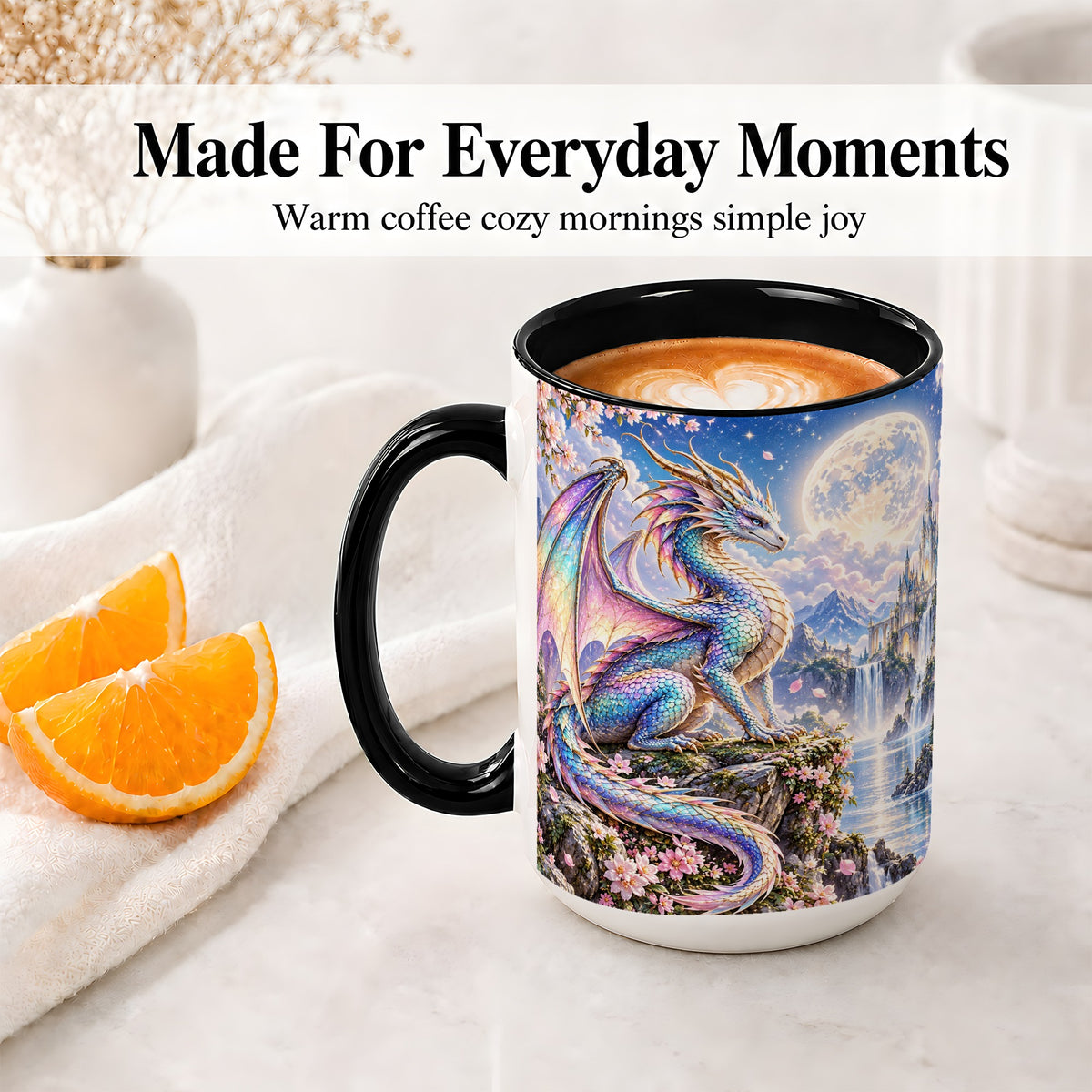 #pl[15oz|Black] Fantasy Dragon Ceramic Mug, Moon Castle Artwork for Dragon Fans