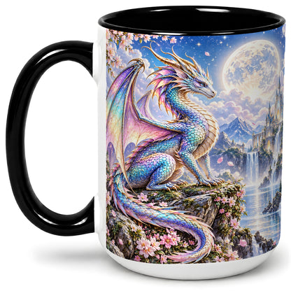 #pl[15oz|Black] Fantasy Dragon Ceramic Mug, Moon Castle Artwork for Dragon Fans