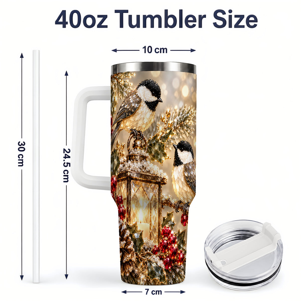 #pl[40oz|White] Winter Chickadee 40oz Tumbler, Lantern and Red Berry Bird Artwork