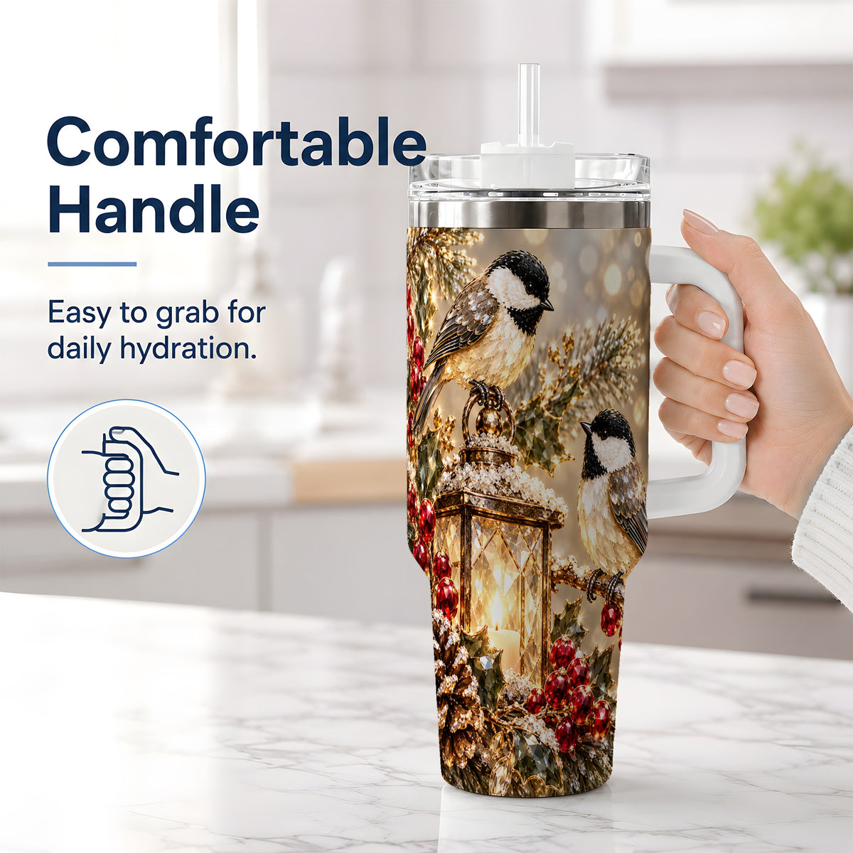 #pl[40oz|White] Winter Chickadee 40oz Tumbler, Lantern and Red Berry Bird Artwork