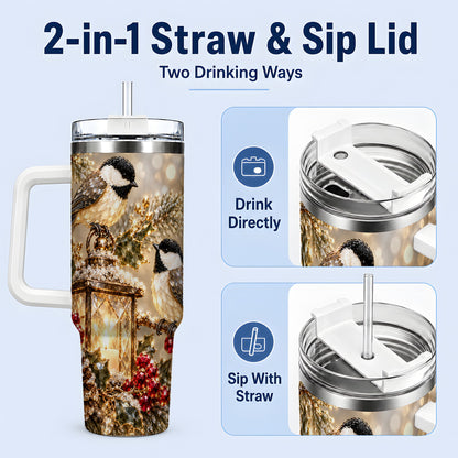#pl[40oz|White] Winter Chickadee 40oz Tumbler, Lantern and Red Berry Bird Artwork