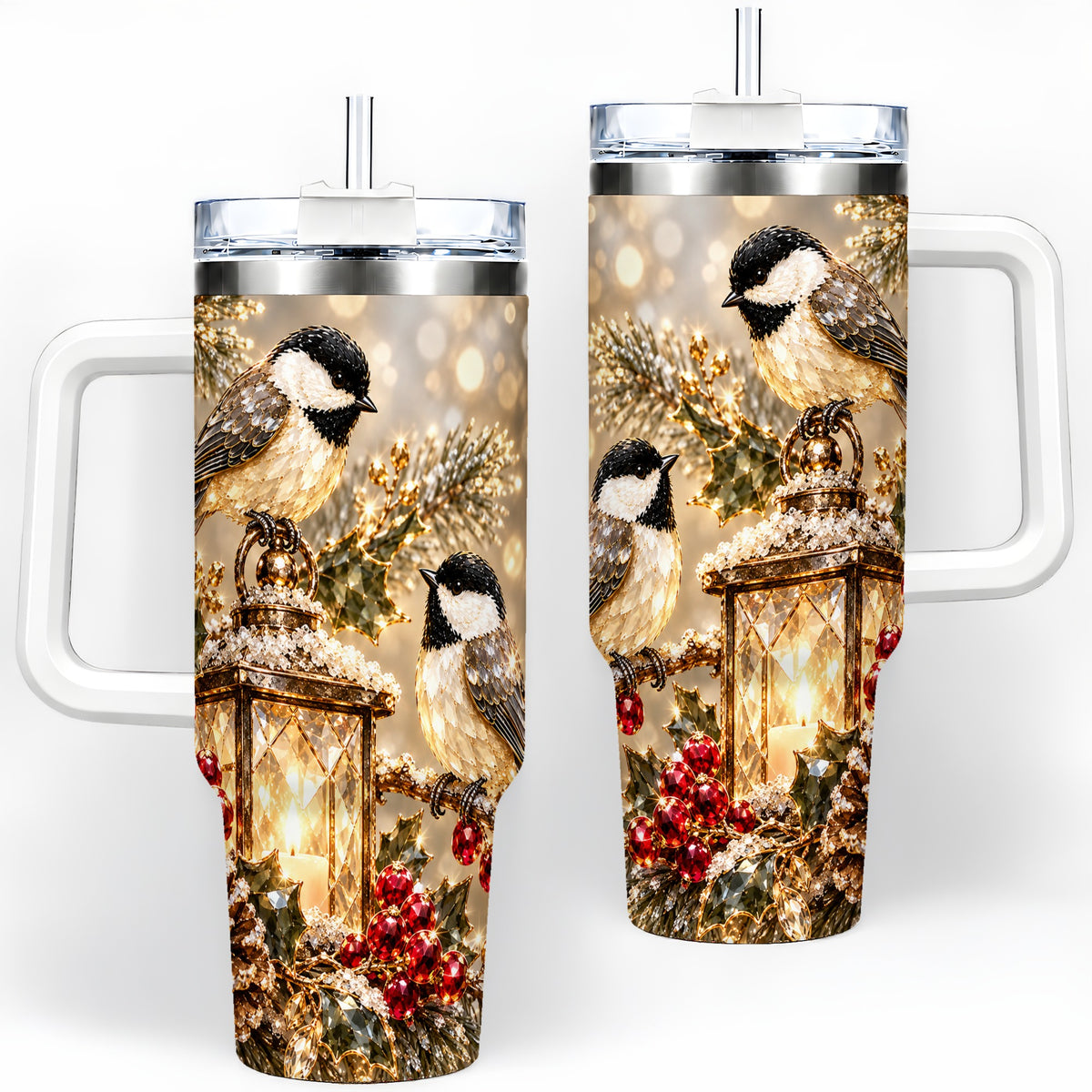 Winter Chickadee 40oz Tumbler, Lantern and Red Berry Bird Artwork