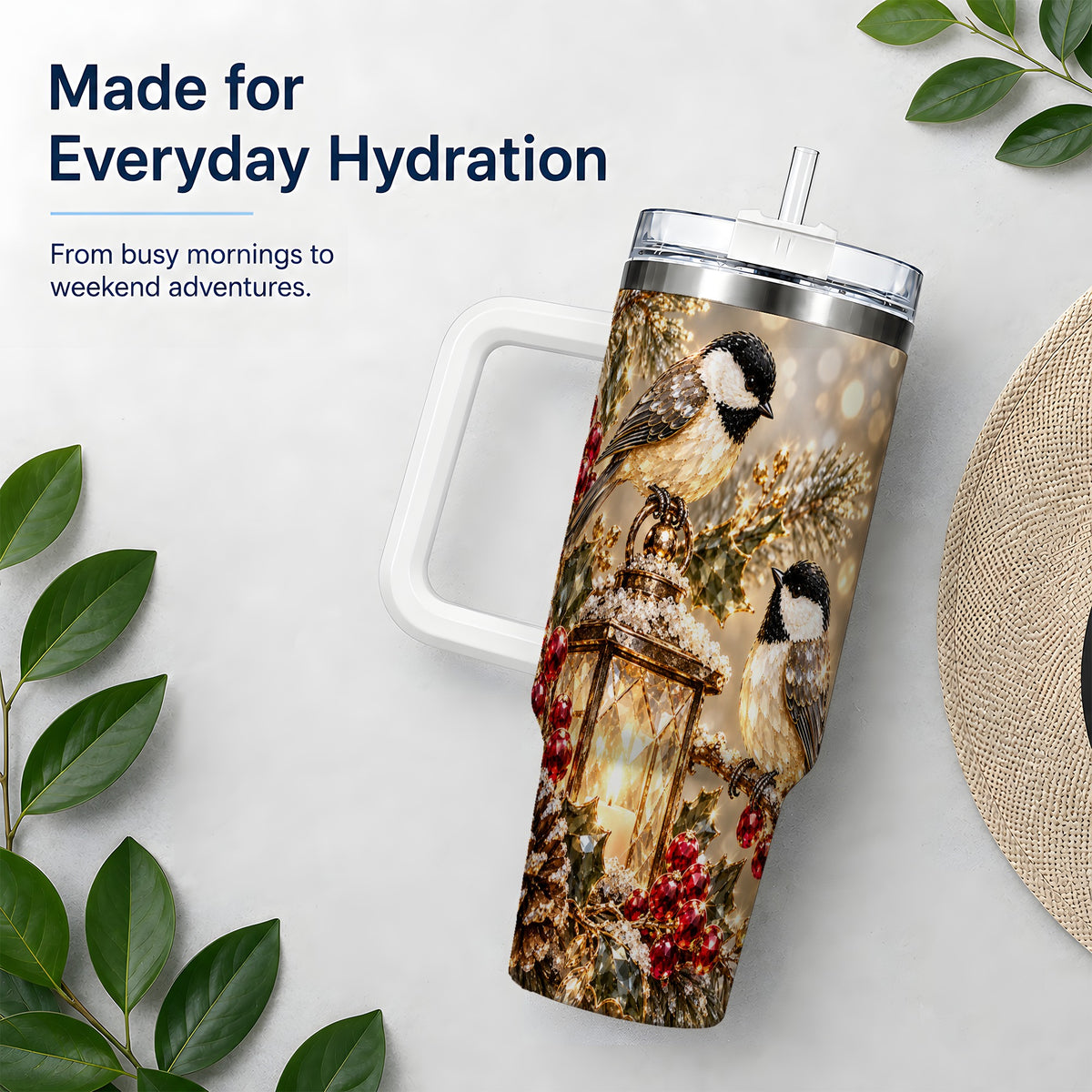 Winter Chickadee 40oz Tumbler, Lantern and Red Berry Bird Artwork