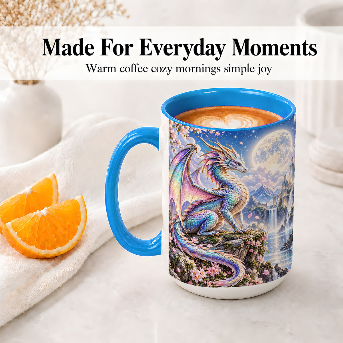 #pl[15oz|Blue] Fantasy Dragon Ceramic Mug, Moon Castle Artwork for Dragon Fans