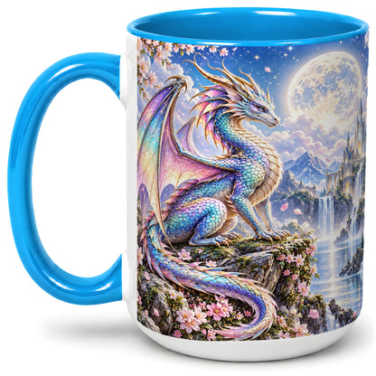 #pl[15oz|Blue] Fantasy Dragon Ceramic Mug, Moon Castle Artwork for Dragon Fans