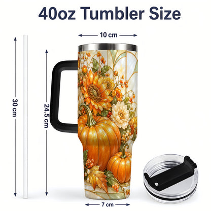 #pl[40oz|Black] Autumn Pumpkin 40oz Tumbler, Sunflower and Fall Leaf Harvest Artwork