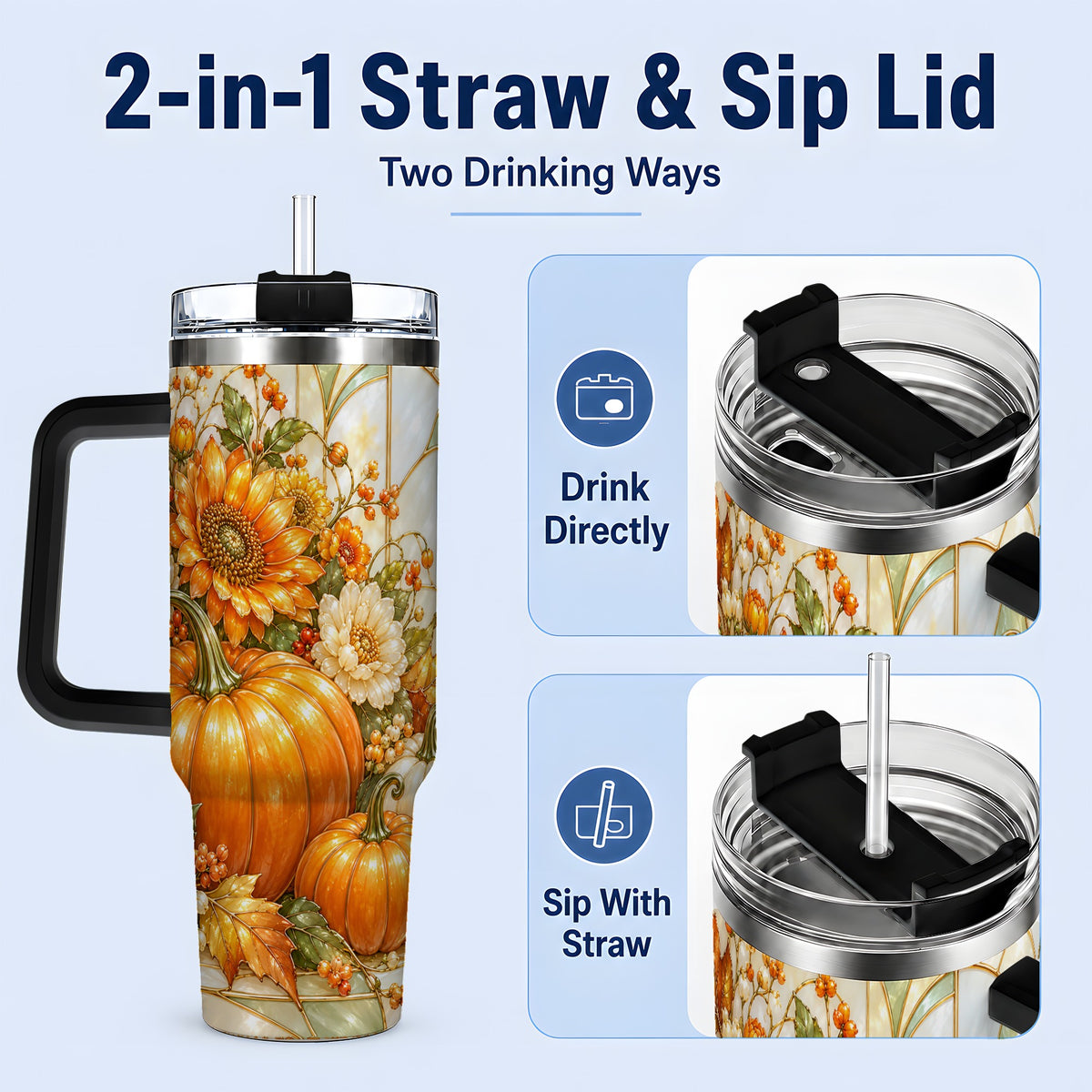 #pl[40oz|Black] Autumn Pumpkin 40oz Tumbler, Sunflower and Fall Leaf Harvest Artwork