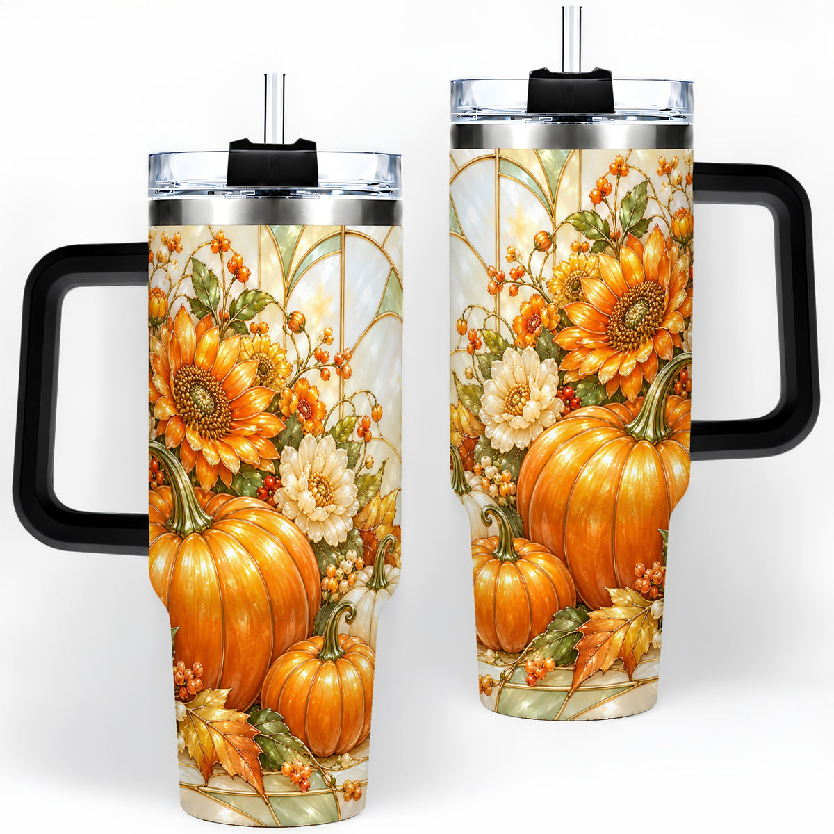 #pl[40oz|Black] Autumn Pumpkin 40oz Tumbler, Sunflower and Fall Leaf Harvest Artwork