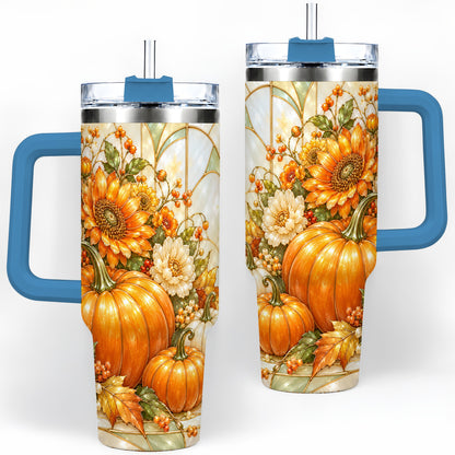 #pl[40oz|Blue] Autumn Pumpkin 40oz Tumbler, Sunflower and Fall Leaf Harvest Artwork