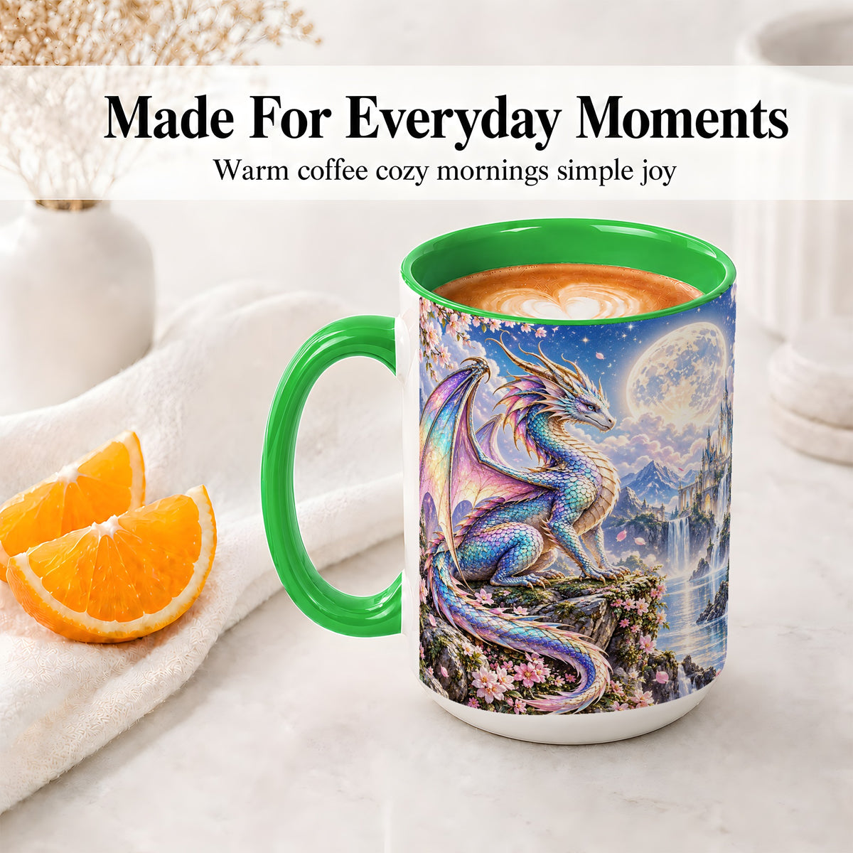 #pl[15oz|Green] Fantasy Dragon Ceramic Mug, Moon Castle Artwork for Dragon Fans