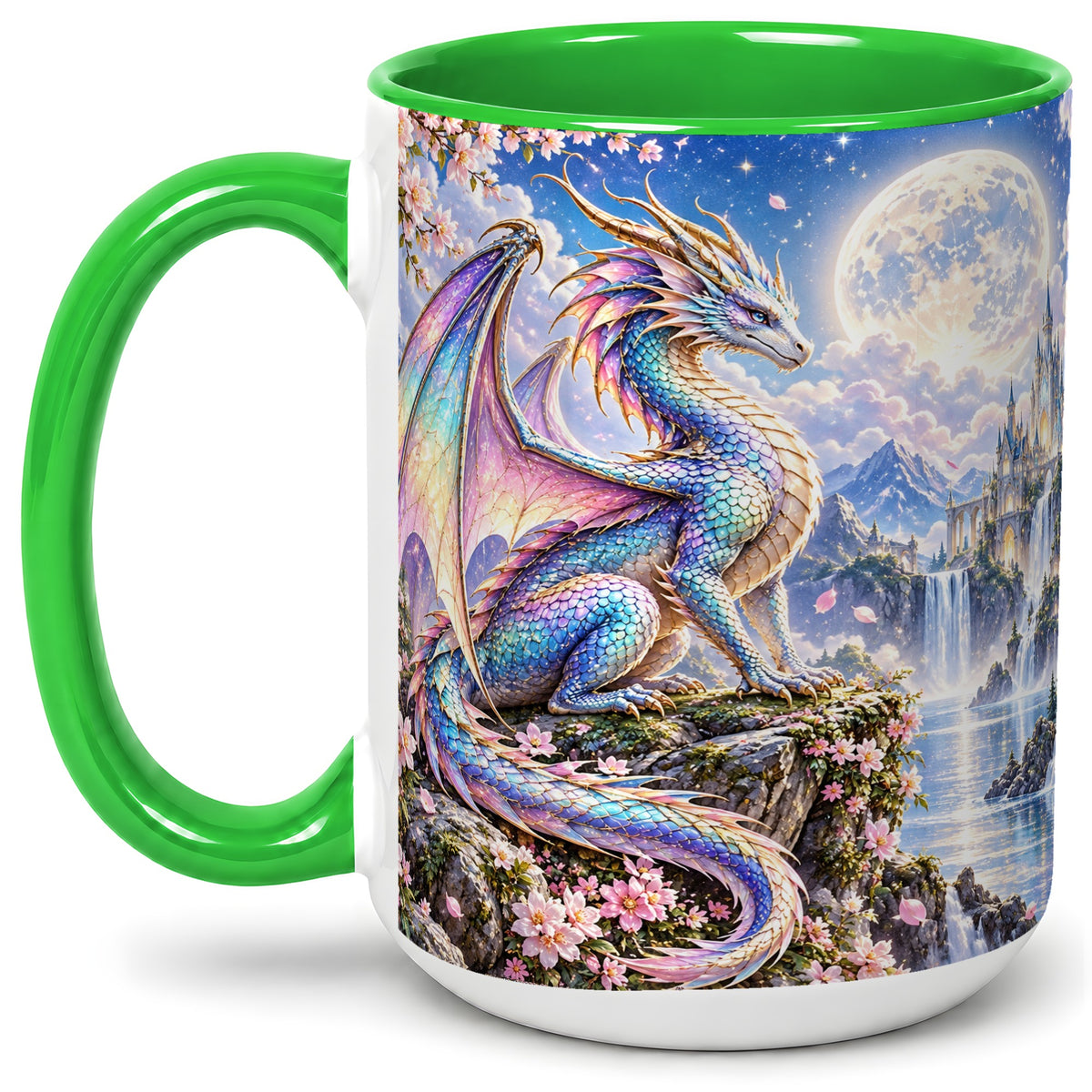 #pl[15oz|Green] Fantasy Dragon Ceramic Mug, Moon Castle Artwork for Dragon Fans