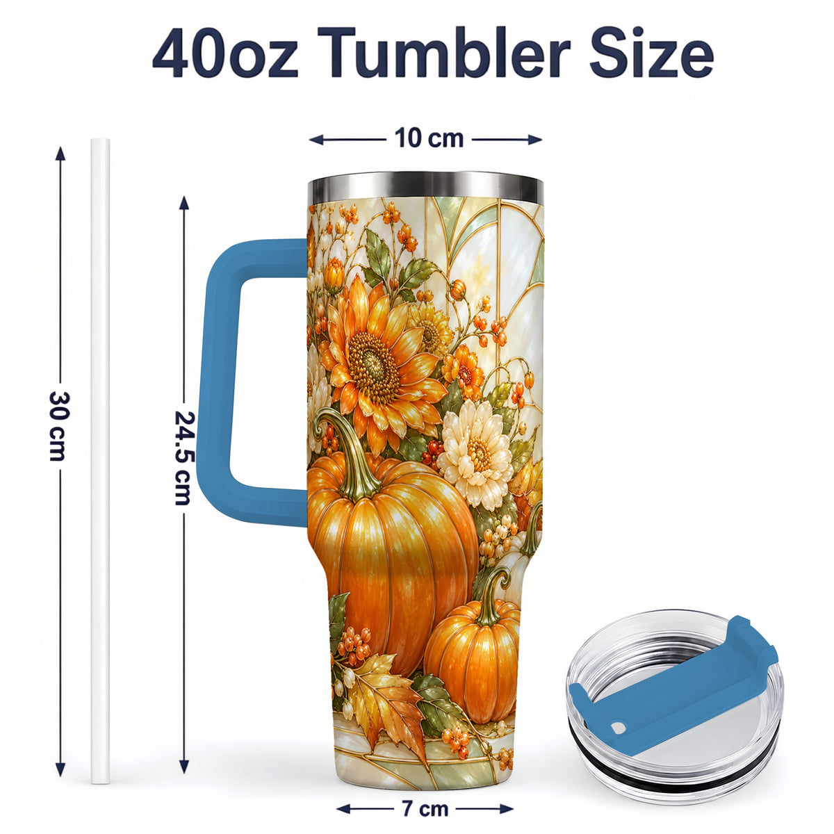 #pl[40oz|Blue] Autumn Pumpkin 40oz Tumbler, Sunflower and Fall Leaf Harvest Artwork