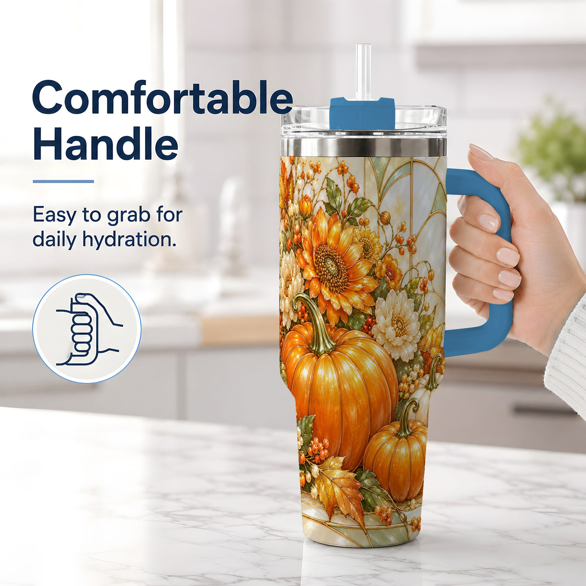 #pl[40oz|Blue] Autumn Pumpkin 40oz Tumbler, Sunflower and Fall Leaf Harvest Artwork