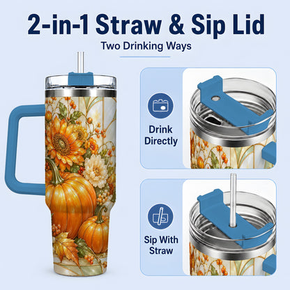 #pl[40oz|Blue] Autumn Pumpkin 40oz Tumbler, Sunflower and Fall Leaf Harvest Artwork