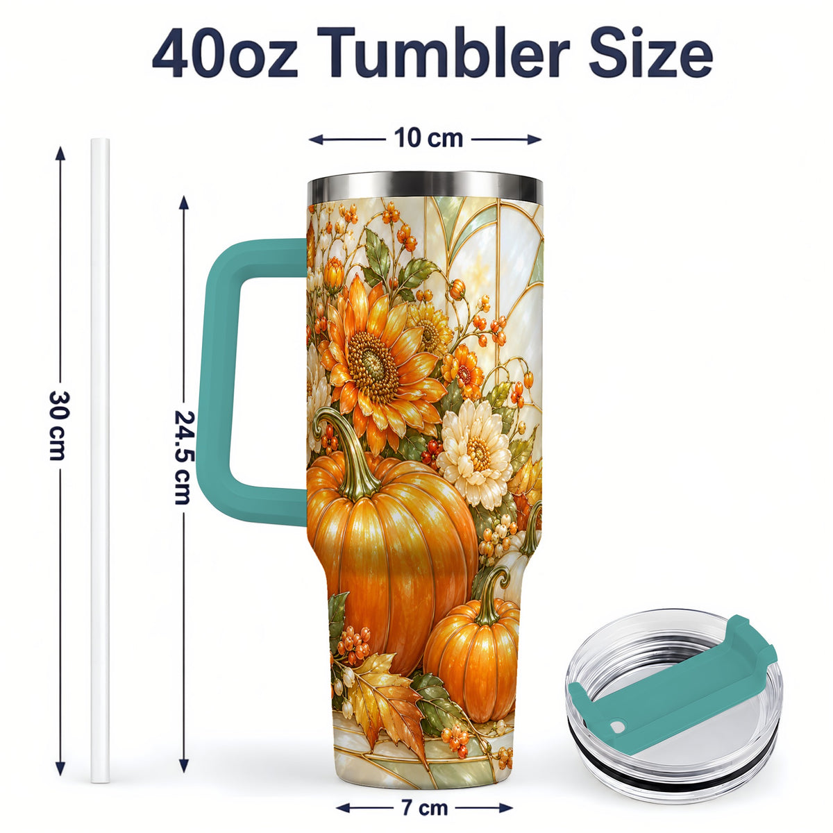 #pl[40oz|Green] Autumn Pumpkin 40oz Tumbler, Sunflower and Fall Leaf Harvest Artwork