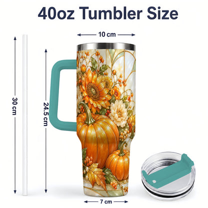 #pl[40oz|Green] Autumn Pumpkin 40oz Tumbler, Sunflower and Fall Leaf Harvest Artwork