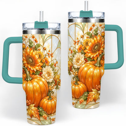 #pl[40oz|Green] Autumn Pumpkin 40oz Tumbler, Sunflower and Fall Leaf Harvest Artwork