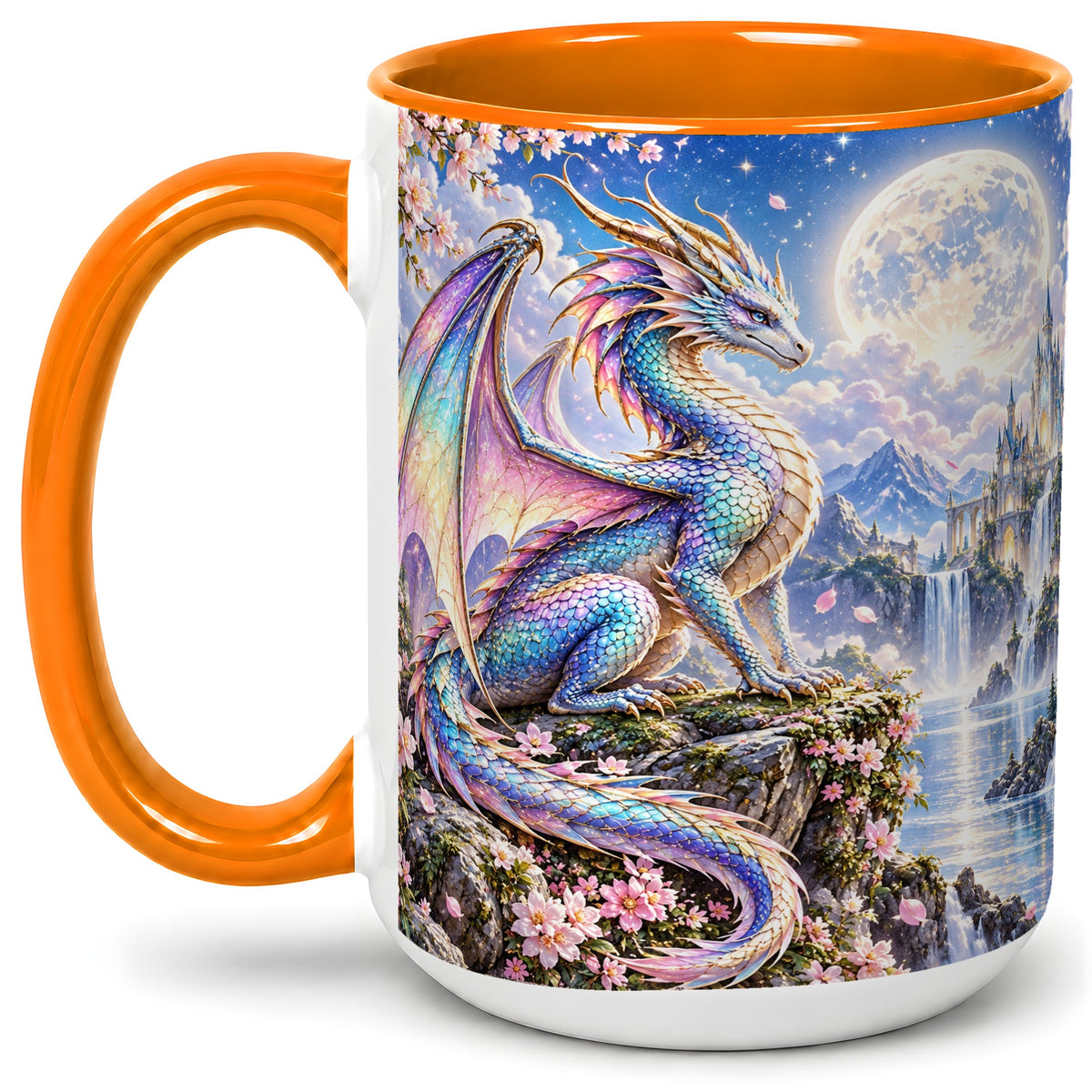 #pl[15oz|Orange] Fantasy Dragon Ceramic Mug, Moon Castle Artwork for Dragon Fans
