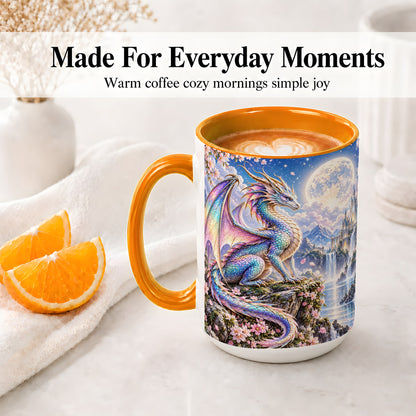 #pl[15oz|Orange] Fantasy Dragon Ceramic Mug, Moon Castle Artwork for Dragon Fans