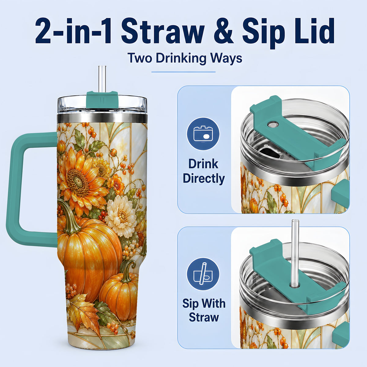 #pl[40oz|Green] Autumn Pumpkin 40oz Tumbler, Sunflower and Fall Leaf Harvest Artwork