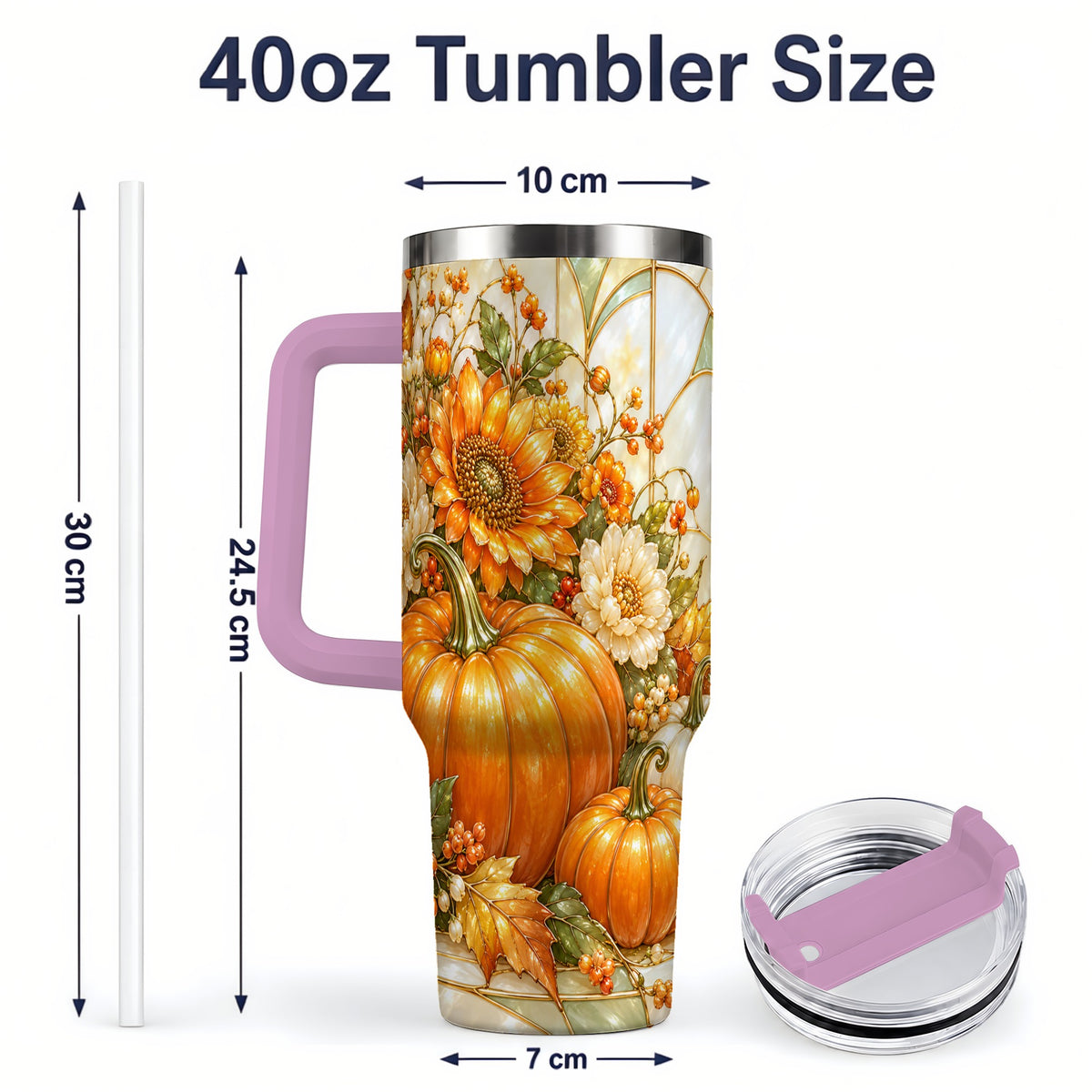 #pl[40oz|Pink] Autumn Pumpkin 40oz Tumbler, Sunflower and Fall Leaf Harvest Artwork