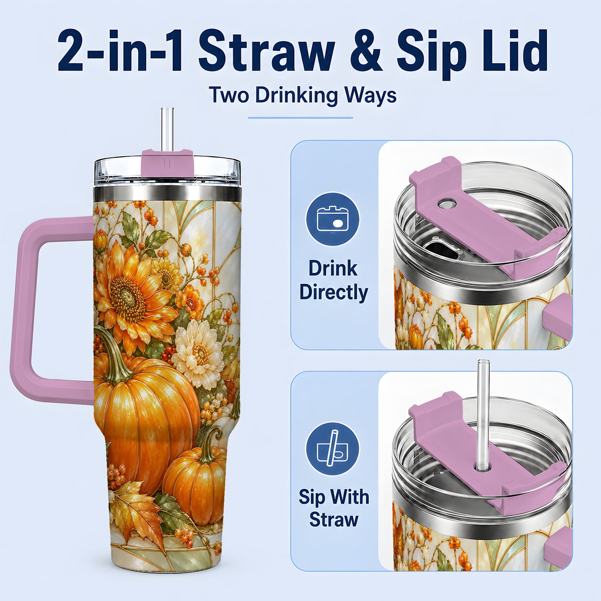 #pl[40oz|Pink] Autumn Pumpkin 40oz Tumbler, Sunflower and Fall Leaf Harvest Artwork