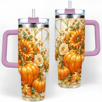 #pl[40oz|Pink] Autumn Pumpkin 40oz Tumbler, Sunflower and Fall Leaf Harvest Artwork