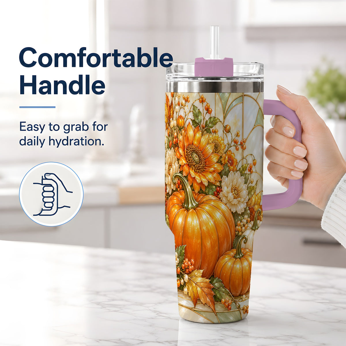 #pl[40oz|Pink] Autumn Pumpkin 40oz Tumbler, Sunflower and Fall Leaf Harvest Artwork