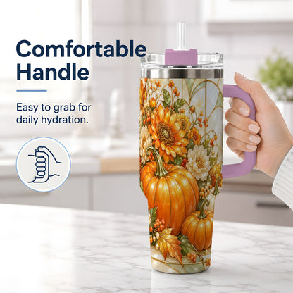 #pl[40oz|Pink] Autumn Pumpkin 40oz Tumbler, Sunflower and Fall Leaf Harvest Artwork