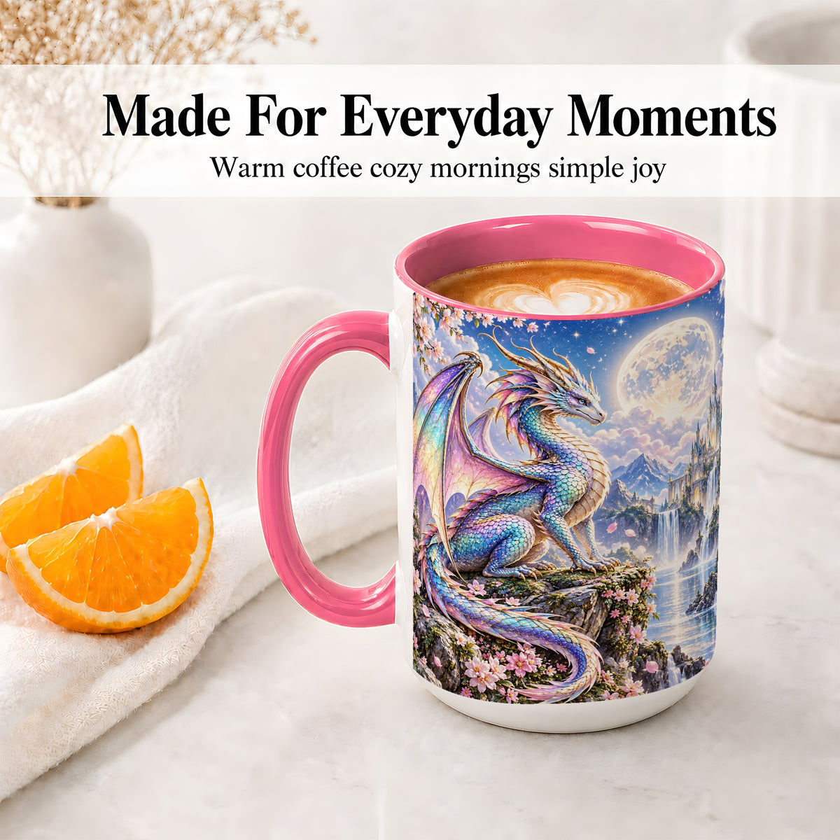 #pl[15oz|Pink] Fantasy Dragon Ceramic Mug, Moon Castle Artwork for Dragon Fans