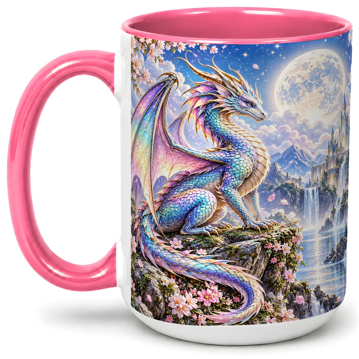 #pl[15oz|Pink] Fantasy Dragon Ceramic Mug, Moon Castle Artwork for Dragon Fans