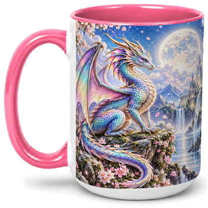 #pl[15oz|Pink] Fantasy Dragon Ceramic Mug, Moon Castle Artwork for Dragon Fans