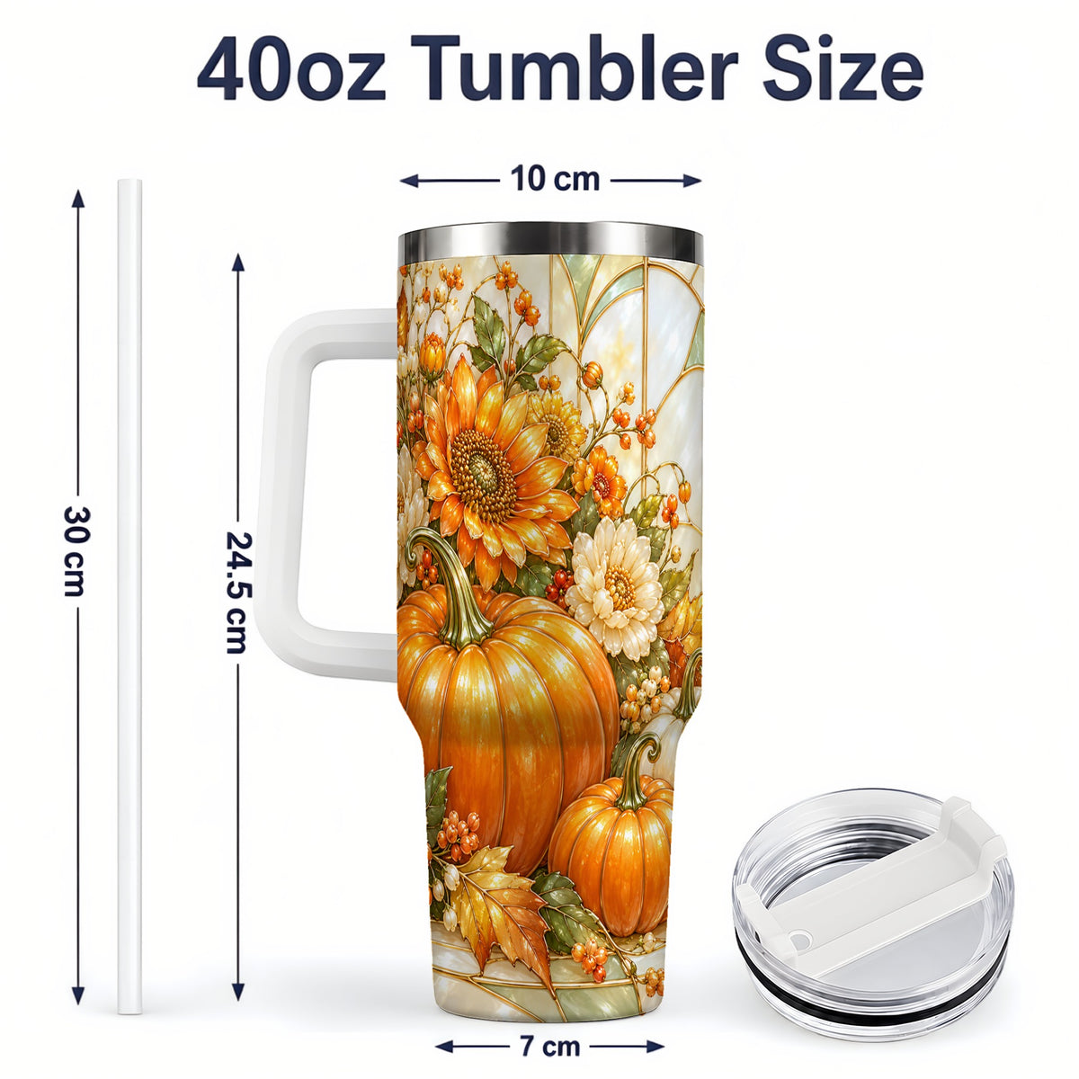 #pl[40oz|White] Autumn Pumpkin 40oz Tumbler, Sunflower and Fall Leaf Harvest Artwork